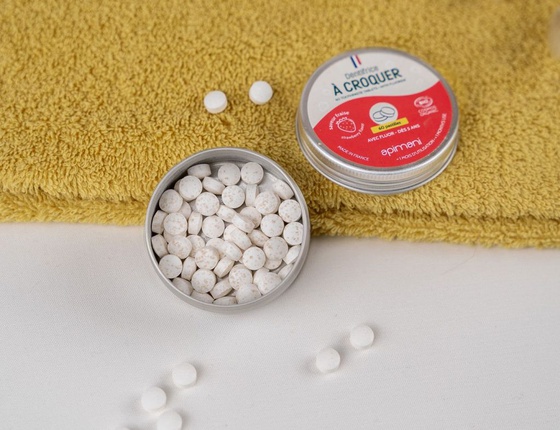 Dentifrice à croquer bio à la fraise - avec boîte